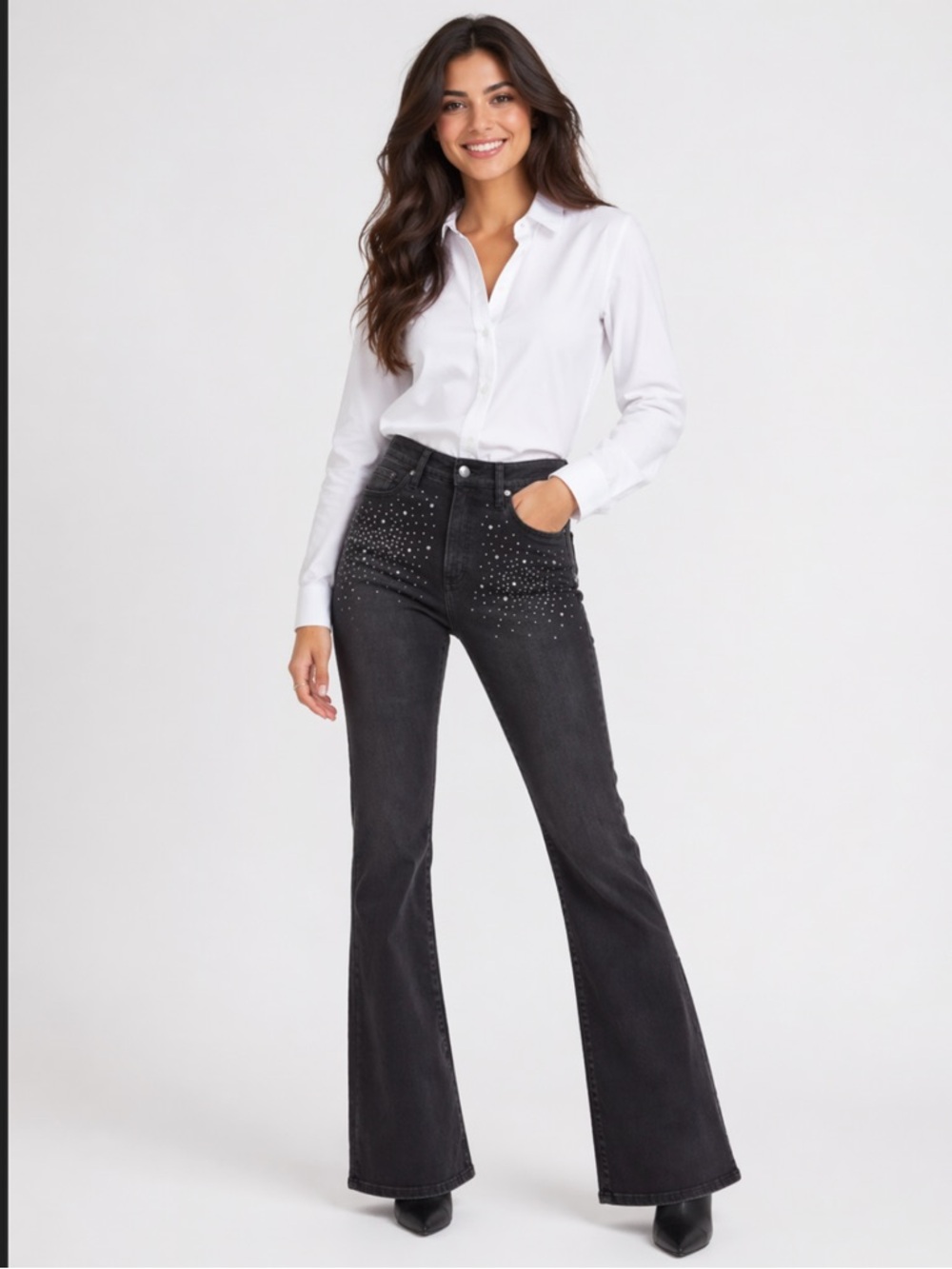 NWINC International Concepts Black High-Rise Flare Jeans with Stud Embellishment